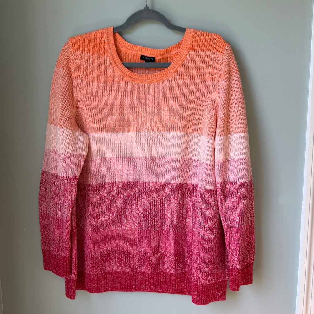 Talbots Plus 100% Pima Cotton Sweater Crewneck Orange Pink Stripe Size 1X